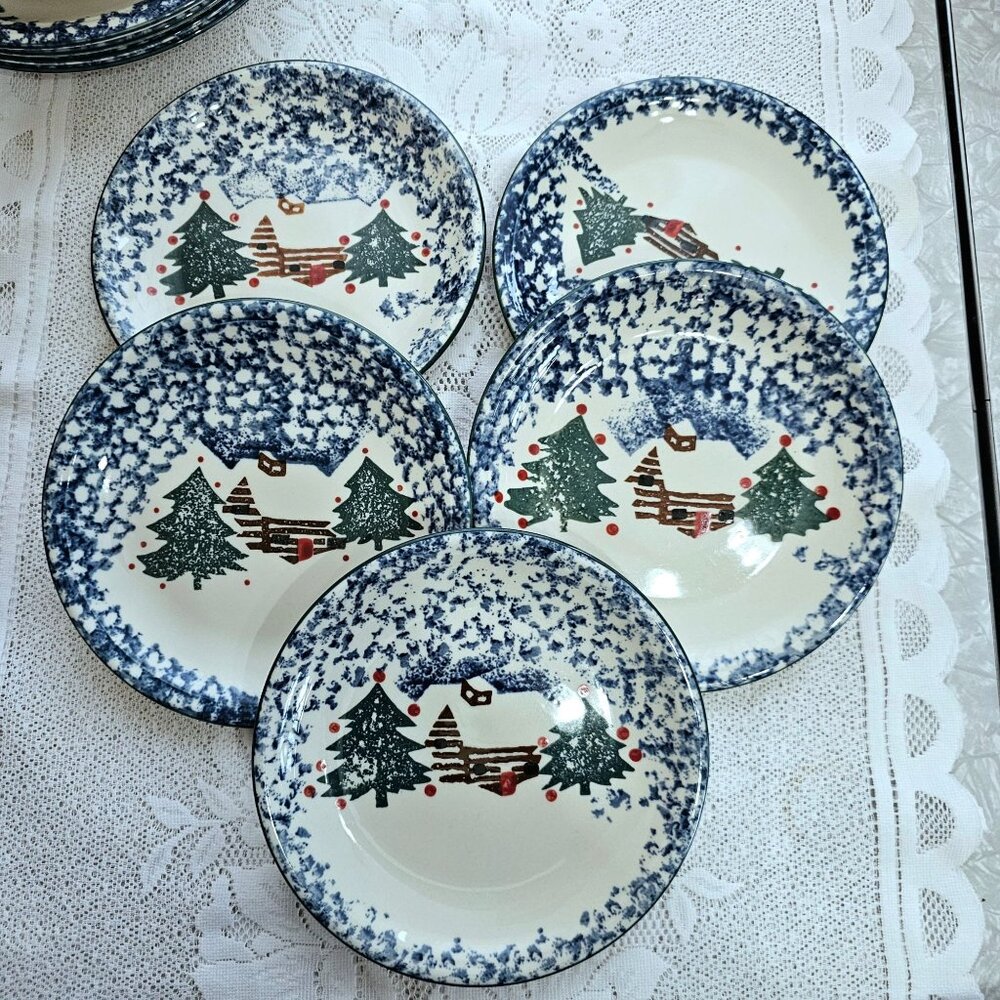 5 Folk Craft Cabin In Snow Salad Plates 7.5" Blue White Winter sponge paint dish
